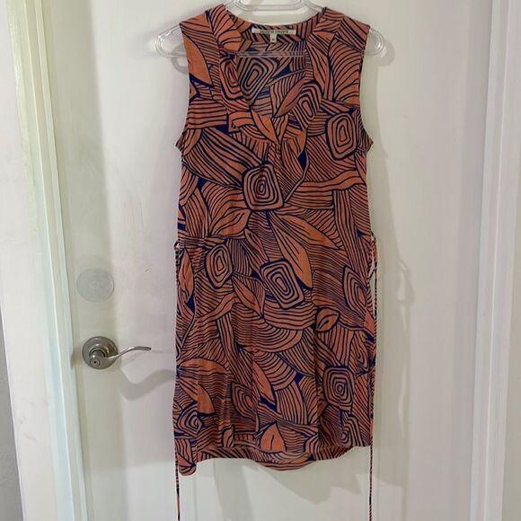 COLLECTIVE CONCEPTS  print coral orange blue tie belted  short dress medium - Picture 1 of 7